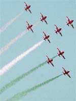 The Surya Kiran team during the air show at the Air Force station in Amritsar