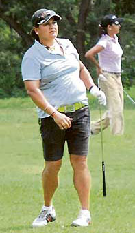 Simi Mehra (left) watches her shot as Nitika Jadeja looks on during the final day of the third leg of the Womens Professional Golf Tour at the Chandigarh Golf Club on Friday.
