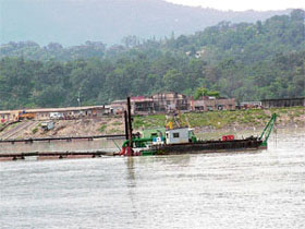 The new dredger purchased by BBMB floats in Balancing Reservoir at Sundernagar.