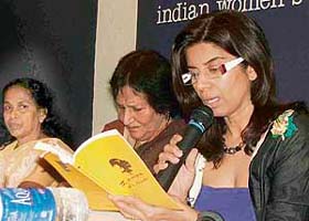 Actress Mita Vasisht reads out excerpts from Nalini Jameelas book The Autobiography of a Sex Worker at the Indian Womens Press Corps in New Delhi
