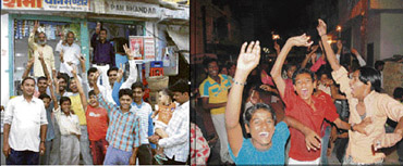 Family members and neighbours of cricketer Joginder Sharma cheer outside his fathers shop in Rohtak on Monday (L); Fans in Karnal dance to celebrate Indias victory over Pakistan in the 20-20 World Cup Championship on Monday (R).