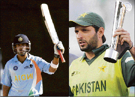 (L)Shahid Afridi with the player of the tournament trophy;(R) Gautam Gambhir celebrates on completing his fighting fifty, which was the only one to be scored in the final