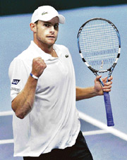 Andy Roddick of the USA celebrates after beating Swedens Jonas Bjorkman during the Davis Cup semifinal in Gothenburg on Sunday