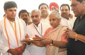 Delhi Chief Minister Sheila Dikshit arrives for the 'Bhumi Pujan' of Love Kush Ramlila at the Red Fort in the Capital