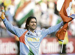 Mahendra Singh Dhoni celebrates after India beat Pakistan in the final Twenty20 World Championship match in Johannesburg, South Africa. 