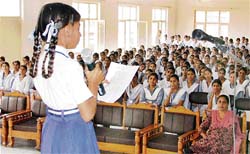 A girl participating in the birth centenary celebrations of Shaheed Bhagat Singh at Khalsa Girls’ Senior Secondary School in Ludhiana on Wednesday.