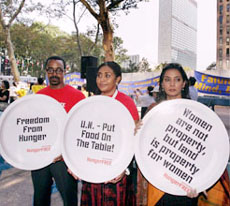 Actress turned MP and UN Goodwill Ambassador Shabana Azmi during th 'Freedom from Hunger' protest in front of the UN building in New York on Tuesday.