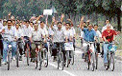 Participants at a cycle rally organised to mark World Tourism Day in Chandigarh on Thursday.