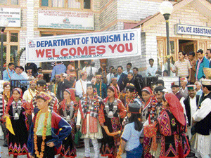 Local artistes perform on the occasion of World Tourism Day in Manali on Thursday.