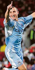 Coventrys Michael Mifsud celebrates on scoring his second goal against Manchester United during their League Cup football match in Manchester on Wednesday. Coventry won 2-0.