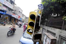 One of the damaged traffic lights in Jammu