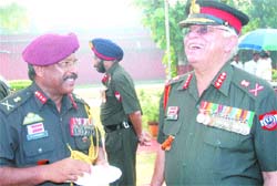 GOC 11 Corps Lieut-Gen S.S. Kumar (right) shares a light moment with the outgoing GOC Lieut-Gen Noble Thamburaj, who has been appointed as GOC-in-C of Southern Command, in Jalandhar