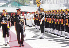 Lt-Gen J.K. Mohanty takes the salute after taking over as the GOC-in-C of the Army Training Command in Shimla on Monday