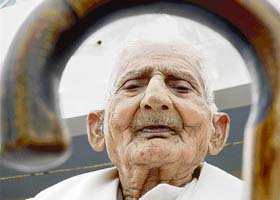 Prithvi Raj Chopra, a 95-year-old man, at Nirmal Dham, an old-age home, in Karnal on International Elders Day