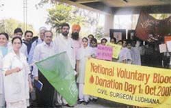 The SMO of the civil hospital flags off an awareness rally on National Voluntary Blood Donation Day in Ludhiana