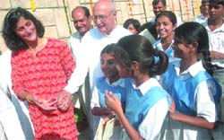 Astronaut Sunita Williams with her father meets schoolchilden after paying tributes to Mahatma Gandhi on his 138th birth anniversary at Rajghat in the Capital on Tuesday.