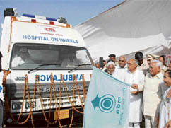 Haryana Governor A.R. Kidwai and Chief Minister Bhupinder Singh Hooda flag off vans and a rural mobile hospital in Ghasera village on Gandhi Jayanti.