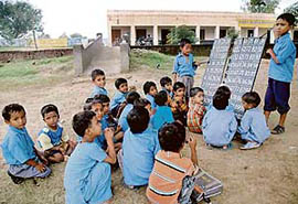 A student conducts the class in Khedi village in Raipur Rani block near Panchkula on Tuesday.