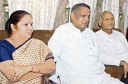 Haryana education minister Mange Ram Gupta (centre), along with Raj Rani Punam, MLA (left), at a press conference in Panipat on Tuesday.