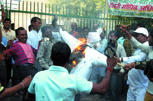 Hawkers burn an effigy of NDMC chairperson in front of the civic body building in the Capital on Wednesday