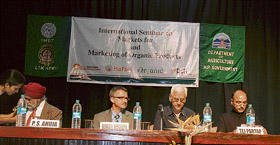 Dr P.S. Ahuja, Director, IHBT Palmapur; Geralada Herrman, President, IFOA; Dr Som Sharma, a former union minister of state for agriculture, and Dr Tej Partap, VC, Himachal Pradesh Krishi Vishwavidyalaya, at the two-day international seminar on marketing of organic products at IHBT, Palampur, on Wednesday