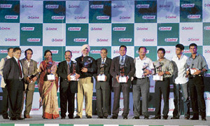 Former Indian cricket captains (L-R) Sunil Gavaskar, Gundappa Viswanath, Bishen Singh Bedi, Nari Contractor, Chandu Borde, Ajit Wadekar, Sachin Tendulkar, Sourav Ganguly and Rahul Dravid during the Castrol Award ceremony to celebrate 75 years of Indian Cricket in Kochi on Tuesday