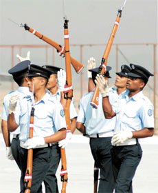 Indian Air Force dare devils display their skills to control weapons during the rehearsal for the 75th Air Force Day celebration at Hindon Airport, Ghaziabad (UP) on Thursday.