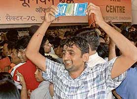 Joy of Karnals Sadhu Singh knew no bounds after he became the first person to get a ticket for the India-Australia ODI, to be played at Chandigarh, at the Union Bank of India, Sector 7 branch, on Thursday.