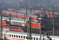 Regional trains stand near Cologne's main railway station during a strike by German union GDL on Friday. Germany's GDL train drivers' union went on strike across the country after failing to reach an agreement on wage increases with national rail operator Deutsche Bahn, bringing traffic to a halt.