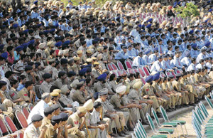 Securitymen take lessons on maintaining peace while dealing with persons without tickets and passes for the one-day tie between India and Australia to be held at Sector 16 Stadium on Monday