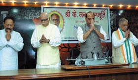 BJP president Rajnath Singh, senior party leaders LK.Advani, M.M.Joshi and B.C.Khanduri during a condolence meeting in memory of K.Janakrishna Murthy, senior party leader, at party head office in the Capital