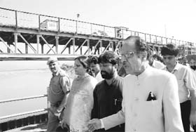 Union minister for water resources, Saif-u-din Soz along with Member of Parliament Ch. Lal Singh and a local MLA inspects the site for Panjthirthi dam in Kathua