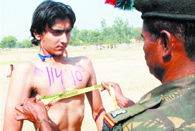 A wannabe jawan takes part in the recruitment rally organised in Jalandhar Cantonment on Wednesday