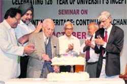 Eminent lawyer and one of PU’s oldest alumni H L Sibal cuts the celebratory cake. Also seen in the picture (from left to right) Prof Sobti, Ramesh Inder Singh, Prof Kulkarni and Dr M Sharma.