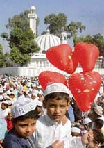 Children enjoy Id festivities outside the Jama Masjid in Sector 20, Chandigarh, on Sunday