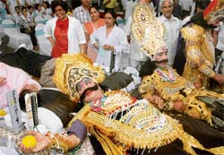 Ramleela artistes donate blood at a blood donation camp at Agrasen Bhavan, Sector 30, Chandigarh, on Sunday.