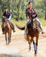 Savita Bhatti enjoys a horse-ride that Jaspal Bhatti’s film school Madarts organised for the students at Royal Horse Riding Club, Sohana.