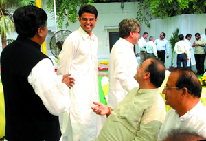 Congress MP Sachin Pilot greets senior BJP leader Ravi Shankar Prasad on Eid at the residence of BJP leader Shahnawaj Hussain in the Capital on Sunday. Senior BJP leader Arun Jaitley and leader of the opposition in Delhi Assembly Jagdish Mukhi look on