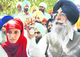 SAD (A) president Simranjit Singh Mann talks to the media at the bhog ceremony of Gurjant Singh and his daughter at Behman Jassa Singh village in Bathinda on Sunday