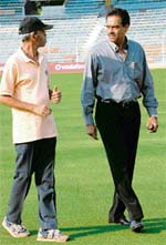 BCCI Selection Committee Chairman Dilip Vengsarkar (R) along with curator Sudhir Naik on Monday inspects the Wankhede Stadium ground ahead of the last ODI match to be played on Wednesday in Mumbai.