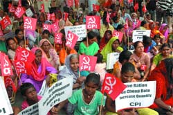 Activists of Communist Party of India (CPI) shout slogans during a protest in the Capital on Tuesday.