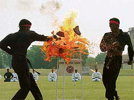 Black Cat commandos of the NSG display their skills on its 23rd raising day at the Manesar training centre in Gurgaon on Tuesday.