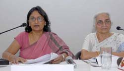 Suman Krishan Kant (right), president, and Prem Lata Ahluwalia secretary general of the newly formed United Women Front, India's first political party formed by women, at a press conference in New Delhi on Tuesday.