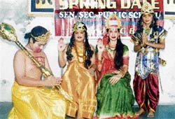 Children dressed as Lord Ram, Sita, Lakshman and Hanuman at Dussehra festival celebrated at Spring Dale Public School in Ludhiana on Wednesday.