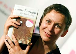 Author Anne Enright holds a copy of her book at an awards ceremony in central London