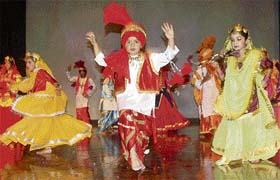 Children perform bhangra at the founder’s day celebrations at KVM School, Ludhiana