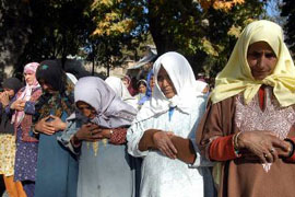 Women mourn the death of Hizb-ul-Mujahideen militant Irhad Ahmed Dar at his funeral in Chicloora district, Budgam, 28 km from Srinagar, on Friday.