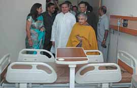 Chief Minister Sheila Dikshit with Delhi health minister Yoganand Shastri visits a room of the Primus Ortho & Spine Hospital at Chanakyapuri in the Capital on Saturday.
