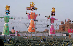 Effigies of Ravan, Kumbhakaran and Meghnaad in front of the Red Fort ready to be consigned to flames on Sunday to mark Dashera in the Capital. 
