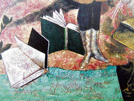 Anju Dodiya. Island of Greed, 2005. Acrylic on mattress. She invokes dream narratives by staging them on mattresses. The events in her head are displayed on the bed. These are dreams of the nighttime variety-Jungian in their symbolic imagery